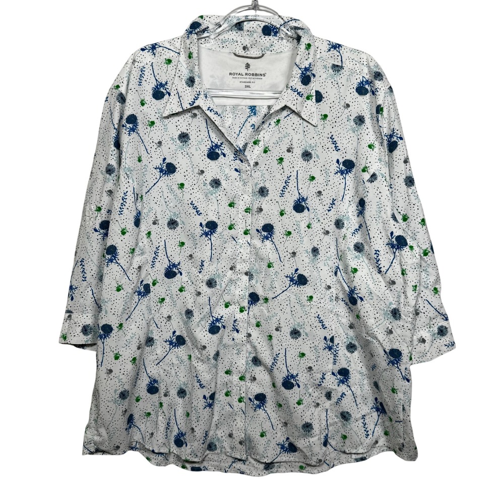 Royal Robbins White Blue Green Dandelion Print 3/4 Sleeve Button Up Shirt 3XL